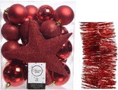 Décorations de Noël de Noël Boules de Noël en plastique 5-6-8 cm avec pointe étoile et guirlandes en aluminium paquet rouge de 35x pièces - Décorations Décorations pour sapins de Noël