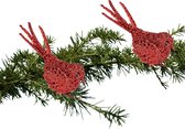 2x Kerstboomversiering glitter rode vogeltjes op clip 12 cm - Kerstboom decoratie vogeltjes