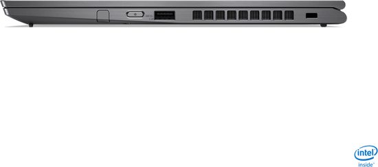 Zijprofiel van een grijze Lenovo ThinkPad X1 Yoga laptop met USB-poorten en ventilatieopeningen.