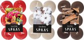 Candles by Spaas geurkaarsen - 36x stuks in 3 geuren - Cotton Blossom - Exotic Wood - Tropical Delight