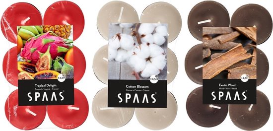 Candles by Spaas geurkaarsen - 36x stuks in 3 geuren - Cotton Blossom - Exotic Wood - Tropical Delight