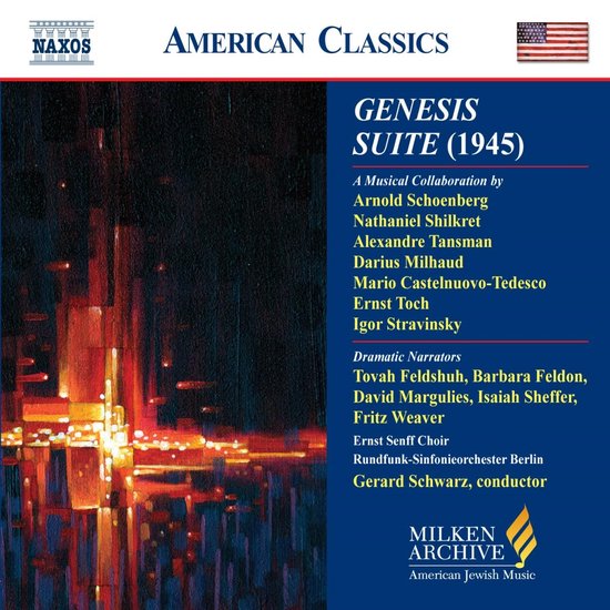 CD-hoes met "GENESIS SUITE (1945)" op een donkerblauwe achtergrond met abstracte rode en oranje gloeiende vormen aan de linkerkant. Met Naxos en Milken Archive logo's.