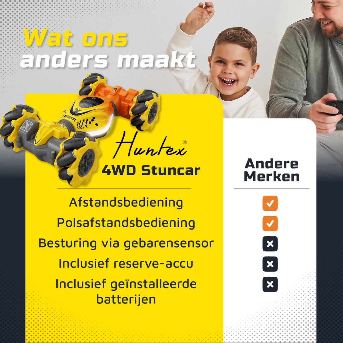 Huntex RC Stunt Car - Inclusief Extra Accu en batterijen - Radiografisch Bestuurbare Auto - Offroad - Transformerende Auto - Volwassenen en Kind - Geel/Oranje - 4wd Twist — afbeelding 4