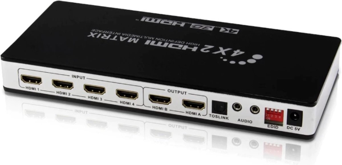 HDMI matrix schakelaar 4 naar 2 met extra Toslink + 3,5mm uitgang - versie 1.4 (4K 30Hz)