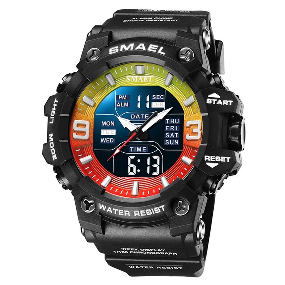 Heren Horloge Zwart met zwart rubber band | Digitaal | Smael | Waterdicht | Rood Geel | Glow in dark | Zwart Blauw Paars | Mud Master | 8049 | Leger | Army | Grof | Licht | Rubberen band | Timer | shock Bestendig | Eyecatcher | Master|