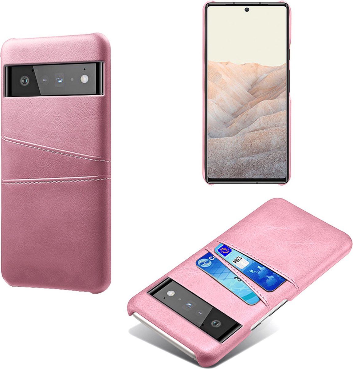 Back Cover met Opbergvakjes + Glas Screenprotector voor Google Pixel 6 Pro _ Roze Goud