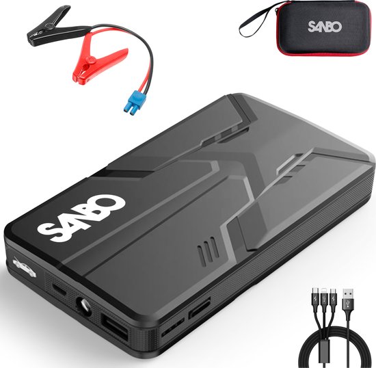 Sanbo x12 jumpstarter voor auto 12v - incl. 3 in 1 oplaadkabel voor alle toestellen toegankelijk - 600a / 16. 000mah batterij – 4-in-1 starthulp met powerbank, led zaklamp en sos noodlicht - incl. Opbergkoffer