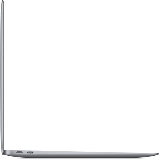 Zijaanzicht van een dunne, grijze MacBook Air met twee USB-C poorten.