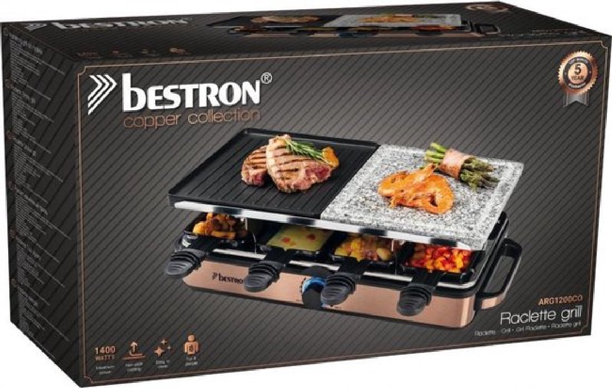 Bestron 2-in-1 Raclette-Partygrill: elektrisches Raclette für bis zu 8 Personen, kratzfester Naturgrillstein & antihaftbeschichtete Grillplatte, 8 Pfännchen & 8 Schaber, 1.400 Watt, Farbe