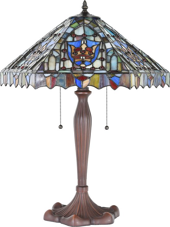 LumiLamp Tiffany Tafellamp Ø 47x60 cm Beige Blauw Glas Kunststof Rond Tiffany Bureaulamp