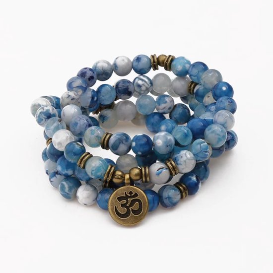 Bracelet/Collier Mala 108 Perles bleu - Femme/Homme - Pierre naturelle 8mm - Ohm - Yoga - Méditation - Bouddha - Perle de prière - Collier de perles - Chapelet Collier de perles