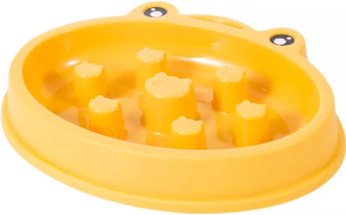 Maison Extravagante - Zippy Voerbak Hond/Kat - Set van 2 stuks - Geel - Slow feeder - Anti Schrok Voerbak - Kikker design - Melamine - Drinkbak - Eetbak - Huisdier