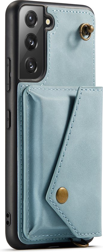 Coque de téléphone bleu clair avec un élément portefeuille à bouton-pression à l'arrière.