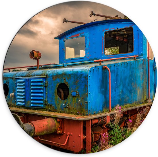 WallClassics - Dibond Muurcirkel - Oude Veroeste Blauwe Trein - 70x70 cm Foto op Aluminium Muurcirkel (met ophangsysteem)