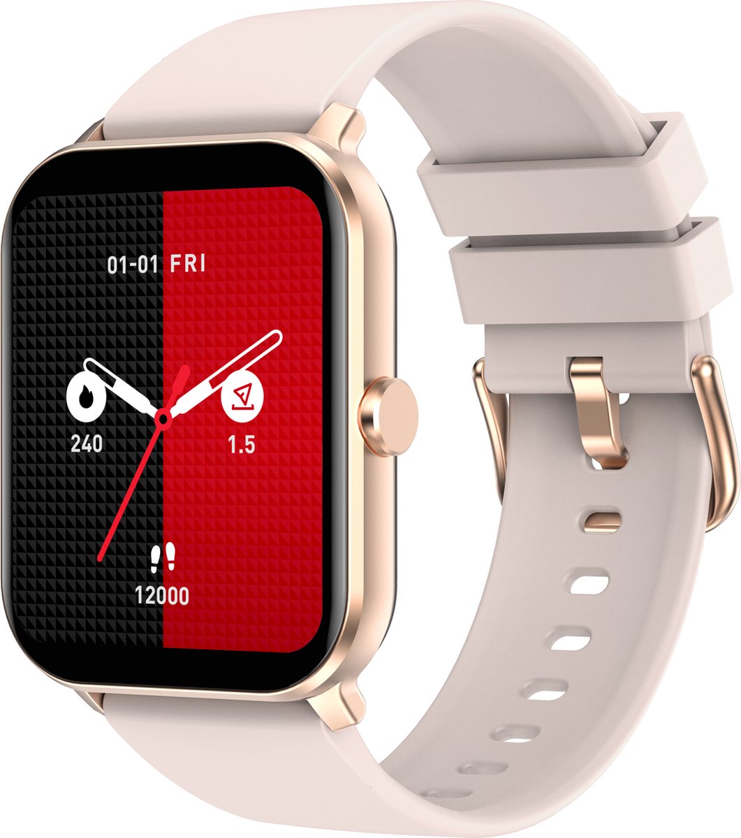 Belesy® KALMIA - Smartwatch Heren – Smartwatch Dames - Horloge – Stappenteller – Calorieën - Hartslag – Sporten - Je eigen foto als wijzerplaat - Kleurenscherm - Full Touch - Splitscreen– Goud – Silicone – Roze - Moederdag
