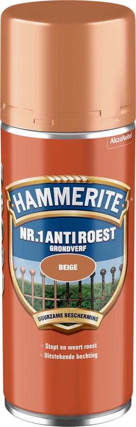 Spuitbus Hammerite Nr.1 Anti Roest Grondverf Beige met een beige dop en oranje label.