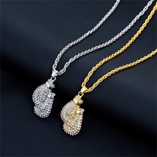 Boks Handschoen Ketting met Hanger Zilver Kleurig met Diamantjes (Zirkonia) - Kettingen Heren Dames - Valentijnsdag - Valentijn Cadeautje voor Hem