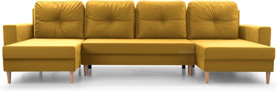 Canapé d'angle avec fonction couchage et espace de rangement pour le salon, Canapés, Chaise longue montable des deux côtés 300x137x84 cm - CARL U jaune
