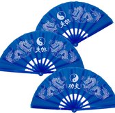 4x stuks handwaaiers/Tai Chi waaiers Yin Yang blauw - polyester - Verkoeling in de zomer