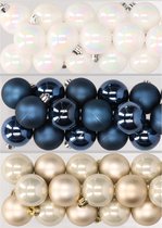 48x stuks kunststof kerstballen mix van parelmoer wit, donkerblauw en champagne 4 cm - Kerstversiering