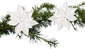 Kerstboom bloemen op clip - 2x stuks - wit - kunststof - 18 cm