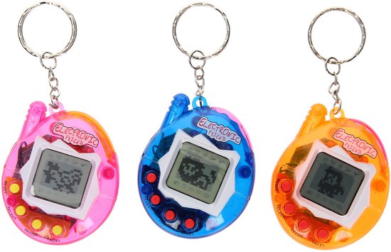 Drie 'Electronic Friends' speelgoedjes met sleutelhanger: roze, blauw en oranje met pixelgameschermpjes.