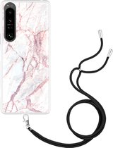 Sony Xperia 1 IV Hoesje met Koord White Pink Marble Designed by Cazy