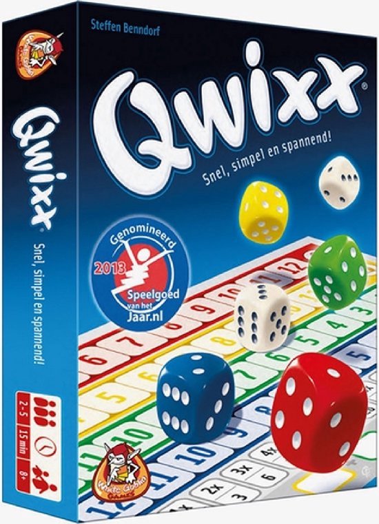 Doos van het dobbelspel Qwixx met de tekst 'Snel, simpel en spannend!' en gekleurde dobbelstenen in rood, blauw, groen, geel en wit.