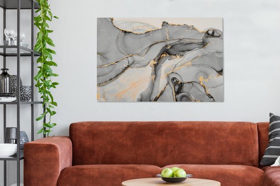 Toile Peinture Marbre - Goud - Grijs - 140x90 cm - Décoration murale