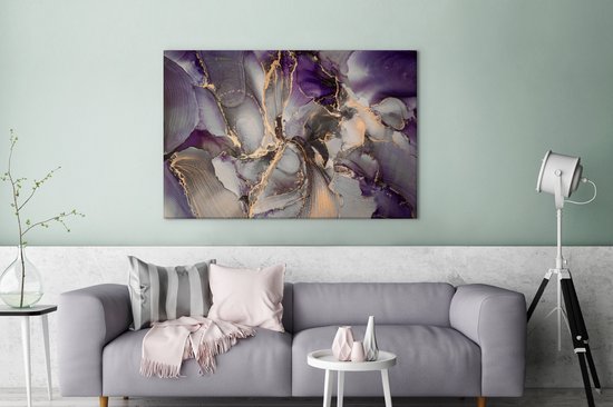 Toile Peinture Or - Violet - Marbre - 140x90 cm - Décoration murale