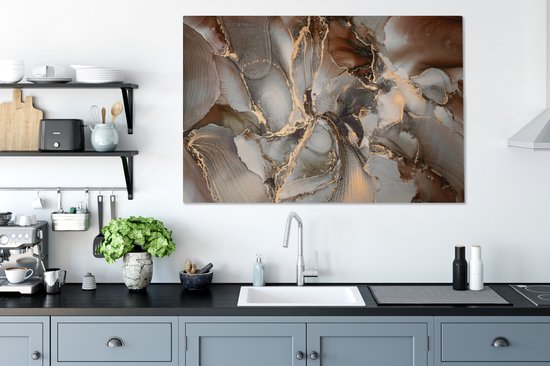 Toile Peinture Grijs - Goud - Marbre - 140x90 cm - Décoration murale