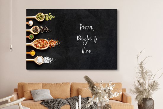 Peinture sur toile Pizza. Pâtes & Vin. - Citations - Nourriture - Épices - Proverbes - 150x100 cm - Décoration murale