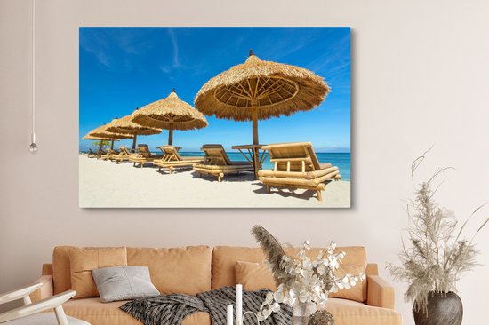 Canvas schilderij 150x100 cm - Wanddecoratie Strandstoel - Strand - Parasol - Zee - Zomer - Muurdecoratie woonkamer - Slaapkamer decoratie - Kamer accessoires - Schilderijen