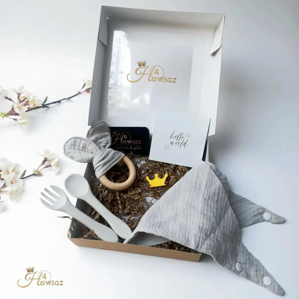 Goedkoopste Genderneutraal baby cadeau - Babygeschenkset - Kraampakket - Origineel kraamcadeau - Gepersonaliseerde kraamcadeaus - baby serviesset - Geboortecadeau - Baby producten - Kinderserviesset - Baby cadeau - Slabbetje - Bijtring - Hawsaz.nl cadeau