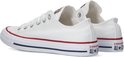 Achterkant van witte lage Converse sneakers, met rode en blauwe strepen op de zool.