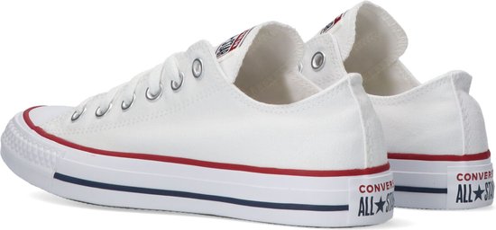 Achterkant van witte lage Converse sneakers, met rode en blauwe strepen op de zool.