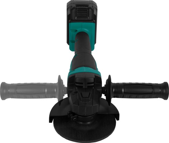 Vooraanzicht van de groene VONROC haakse slijper met 20V 4.0Ah accu, dubbele zijhandgrepen en een slijpschijf van 125mm.