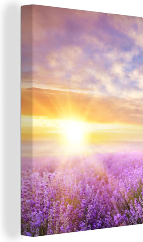 Toile Peinture Lavande - Soleil - Ciel - Nature - 60x90 cm - Décoration murale