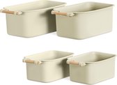 Coffret organisateur en plastique Navaris - 4 bacs avec poignées en bois pour cuisine ou salle de bain - 2 tailles en crème