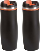 Set de 2x pièces tasse chaude / tasse chaude en acier inoxydable noir / orange 400 ml - Tasse isolante / tasses thermos - Double paroi