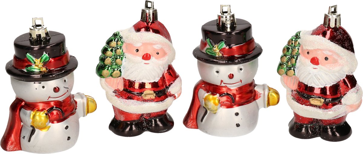 Bellatio Decorations Kersthangers figuurtjes Bellatio decorations - 4x stuks - sneeuwpop - kerstman - kunststof - 7,5 cm Multi