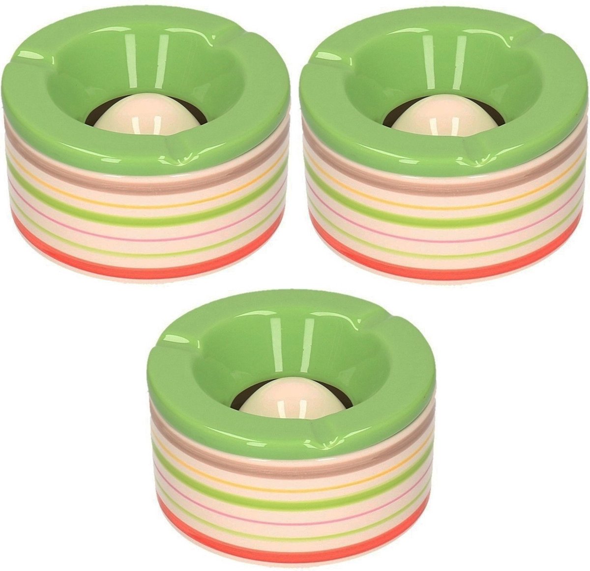 Goedkoopste Set van 3x stuks terras asbakken/stormasbakken rond keramiek 14 x 7,5 cm groen met streep - Buiten asbakken