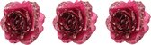 10x stuks decoratie bloemen roos framboos roze (magnolia) glitter op clip 14 cm - Decoratiebloemen/kerstboomversiering