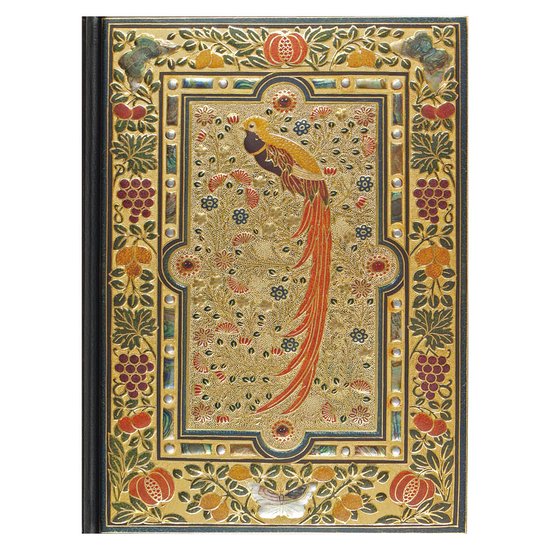 Gouden notitieboek met gedetailleerde 'Bird of Paradise' voorzijde, bloemen en fruitmotief.