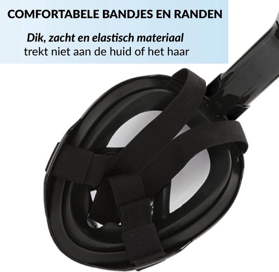 Zwart snorkelmasker met comfortabele, zachte en elastische bandjes en randen die niet aan huid of haar trekken.