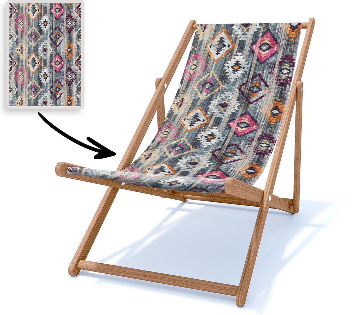 Holtaz Strandstoel Hout Inklapbaar Comfortabele Zonnebed Ligbed met verstelbare Lighoogte houten frame met stoffen Patterns