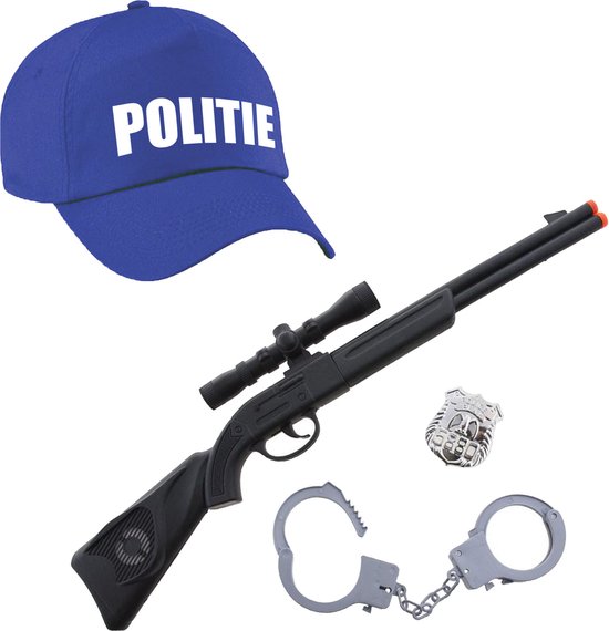 Carnaval verkleed speelgoed politiepet blauw voor kinderen met geweer/handboeien/badge