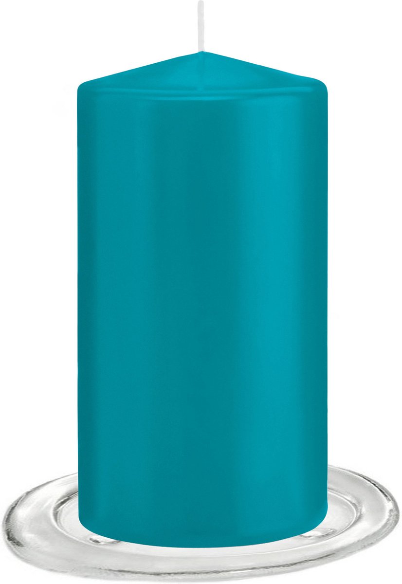 Trend Candles - Stompkaarsen met glazen onderzetters set van 2x stuks turquoise blauw 8 x 15 cm
