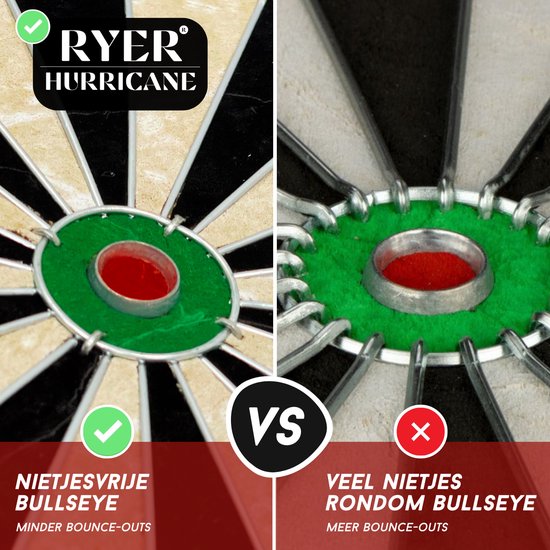 Zes professionele stalen dartpijlen met blauwe en rode flights, plus twee zwarte leren tasjes.