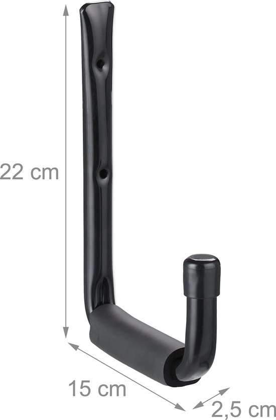 Zwarte wandhaak met afmetingen 22cm x 15cm x 2.5cm.
